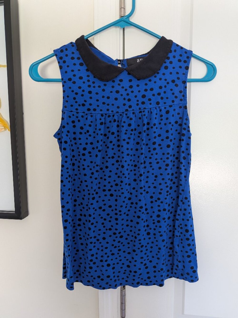 2/$15 - Blue polka dot sleeveless top with Peter Pan collar